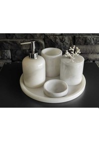 Resim Beyaz Mermer Gümüş Mercan Aksesuarlı 5'li Banyo Seti Beyaz 