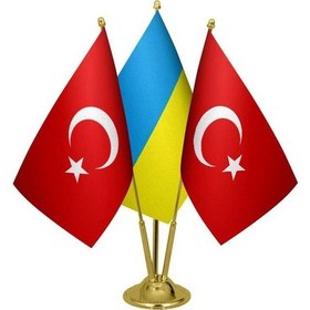 Resim Masa Üstü Ukrayna Bayrağı Türk Bayrağı Üçlü Pirinç Direk Masa Bay 