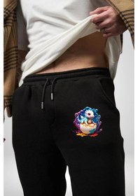 Resim Sevimli Bebek Ejderha Elmas Yumurta Pamuklu 3 İplik Siyah Eşofman Altı Erkek Oversize Kesim Dijital Baskılı Siyah 