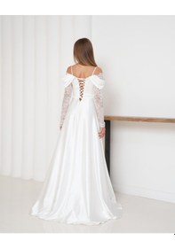 Resim Livanomi Kolları Dantelli Beyaz Saten Abiye Elbise Beyaz 