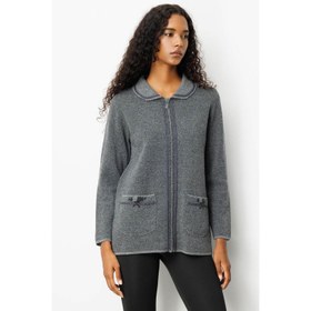 Resim Desen Triko Polo Yaka Cebi Nakış İşlemeli Kadın Yün Hırka 25032 (25032) 