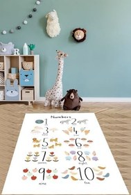 Resim Pelangi Beyaz Zemin İngilizce Rakamlar Desenli Yıkanabilir Kaymaz Taban Leke Tutmaz Çocuk Odası Halısı, Beyaz-Siyah 80 x 150 