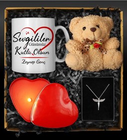 Resim Sevgililer Gününe Kişiye Özel Tasarım Kupa & Melek Kolye & Kalp Mum & Peluş Ayıcık Seti 