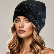 Resim Kadın Rhinestone Süslemeli Akrilik Beresi, Polyester Örgü Kumaş, Esnek, Nefes Alabilir, Tüm Mevsim Sıcaklık, Gotik Alfabe NY Deseni, Y2K İlhamlı, Elle Yıkama Yalnızca, Lastikli Outdoor Şapka için 