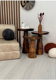 Resim ASELYA HOME Ahşap 3’lü Set Mantar Yan Sehpa Modern Ceviz Renk Fiskos Zigon Çiçeklik 