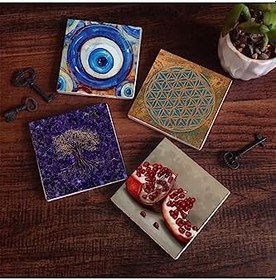 Resim Nazar, Yaşam Çiçeği, Hayat Ağacı, Nar Taş Bardak Altlığı Seti - 4 Parça - Dekoratif, Rustik Mutfak Aksesuarı, 10x10 cm, Kaydırmaz Tabanlı, Şık ve Dayanıklı SC465 