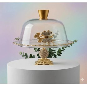 Resim Çnr Home Collection Gold Metal Ayaklı Cam Kapaklı Kek-Pasta Standı- Fanus 