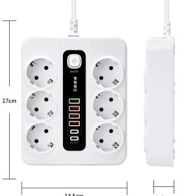 Resim Hobimtek H-04 Akıllı Priz 3000W 10 Amper 6 Lı Priz 2 Metre Çoklu Priz 4 USB 2 Type C Pd Girişli Hızlı Şarj Istasyonu 