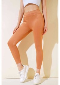 Resim Esnek Yüksek Bel Taba Uzun Parlak Disco Tayt Taba 