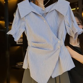 Resim Kadınlar İçin Yüksek Kalite Şık Fransız Tarzı V Yaka Gömlek, Yazlık Pilili Tasarım Bel Çizgili Kısa Kollu Üst 