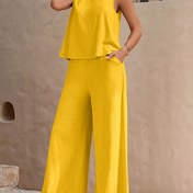 Resim Kadınların Şık Kırmızı Kolsuz Üst ve Geniş Bacaklı Pantolon Takımı - Polyester, Düz Renk, Bahar/Yaz Günlük Giyim, Kolsuz Bluz|Gündelik Kıyafet|Polyester Kumaş 