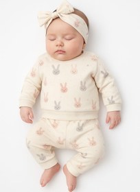 Resim MixMax Bebe Kız Bebek Uzun Kollu Tavşan Desenli Alt Üst Bandana 3'lü Set Takım %100 Pamuklu 