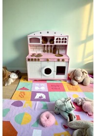 Resim Ahşap Büyük Boy Çocuklar İçin Eğlenceli Oyuncak Mutfak Seti 