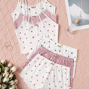 Resim 3 adet Şık Kadın Kalp Desenli Pijama Takımı - Yumuşak Pembe ve Beyaz, Dantel Kenar, Rahat ve Nefes Alabilen Gece Giyimi, Eşleştirilebilir Bralette ile, Tüm Mevsimler İçin Uygun, Yetişkin Boyutu, Gece Giyimi Temelleri | Zarif Gece Giyimi | Dantel Kenar Detayları, Kadın Pijamaları 