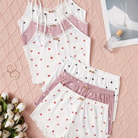 Resim 3 adet Şık Kadın Kalp Desenli Pijama Takımı - Yumuşak Pembe ve Beyaz, Dantel Kenar, Rahat ve Nefes Alabilen Gece Giyimi, Eşleştirilebilir Bralette ile, Tüm Mevsimler İçin Uygun, Yetişkin Boyutu, Gece Giyimi Temelleri | Zarif Gece Giyimi | Dantel Kenar Detayları, Kadın Pijamaları 
