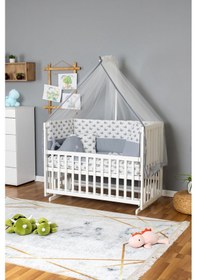 Resim Ahşap Beşik Anne Yanı Beşik Beyaz 60x120 - Gri Balina Uyku Seti + Yataklı Beyaz - Gri 