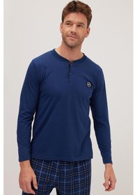 Resim Tudors Erkek Regular Fit Pamuklu Düğmeli Yaka Beli Lastikli Desenli İndigo Pijama Takımı-39789 