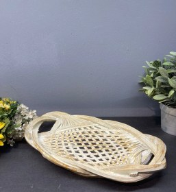 Resim Dekoratif Polyester Tekli Hasır Sunumluk Tepsi Krem Gold Eskitme 