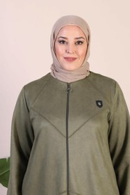 Resim Kadin Buyuk Beden Tesettur Süet Pardesü Tam Boy Baklava Desenli Uzun Tesettur Süet Pardesu - Haki / 52 