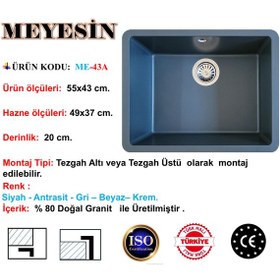 Resim Meyesin ME-43A Tezgah Altı Granit Mutfak Eviyesi Antrasit 43 x 55 CM 