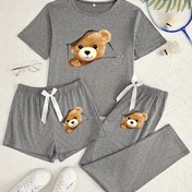 Resim Ayı Fermuar Desenli Baskılı Kısa Kollu T-Shirt Şort ve Pantolon 3 Set 