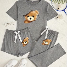 Resim Ayı Fermuar Desenli Baskılı Kısa Kollu T-Shirt Şort ve Pantolon 3 Set 