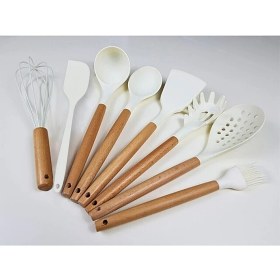 Resim Senin Dükkanın 8 Parça Bambu Saplı Silikon Kepçe Spatula Mutfak Seti Krem 