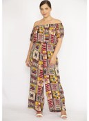 Resim Kadın Bordo Büyük Beden Yaka Beli Lastik Detaylı Dokuma Viskon Kumaş Renkli Tulum-mavi Mavi 