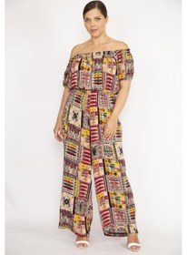 Resim Kadın Bordo Büyük Beden Yaka Beli Lastik Detaylı Dokuma Viskon Kumaş Renkli Tulum-mavi Mavi 