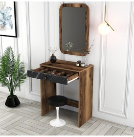 Resim Lizbon Mini Makyaj Masası Aynalı - Ceviz / Siyah Mermer 