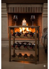 Resim Ahşap Eskitme 3 Katlı Ve Şişelik Mini Bar Rafı, Şık Ve Kullanışlı Tasarım 