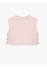 Resim Koton İnci Düğme Detaylı Bisiklet Yaka Kolsuz Crop Tüvit Bluz Pembe 6skg60040ak Gül 