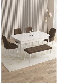 Resim Mazaka Serisi 80x132 Açılabilir Mdf Beyaz Masa Takımı 4 Gri Sandalye 1 Bench Kahverengi 