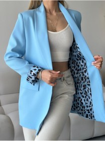 Resim vesantia Kadın Bebe Mavisi Dabıl Kumaş Leopar Desen Astar Detaylı Blazer Ceket 