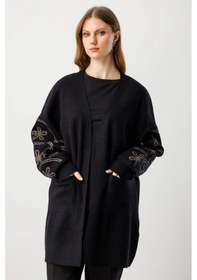 Resim On Fashion Kadın Çiçek İşlemeli Torba Cepli Siyah Hırka 60904 Siyah 