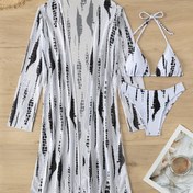 Resim Kadınlar için Omuzdan Askılı Plaj Örtüsü - Siyah ve Beyaz Soyutlu Baskı, Uzun Kollu, Yüksek Esneklikli Polyester, Straplez Bikini Mayo ile Çapraz Detay, Tatil ve Havuz Kenarı için Mükemmel 