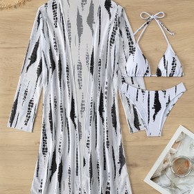 Resim Kadınlar için Omuzdan Askılı Plaj Örtüsü - Siyah ve Beyaz Soyutlu Baskı, Uzun Kollu, Yüksek Esneklikli Polyester, Straplez Bikini Mayo ile Çapraz Detay, Tatil ve Havuz Kenarı için Mükemmel 
