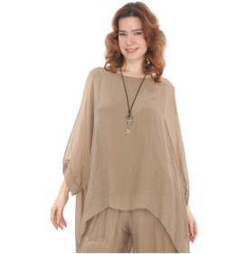 Resim Bohem Stil İtalyan Yarasa Kol İpek Bluz & Pantolon Takım-8767 Camel 