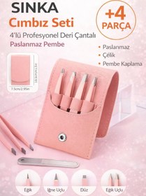 Resim SİNKA Cımbız Seti 4'Lü Profesyonel Deri Çantalı Pembe Paslanmaz 
