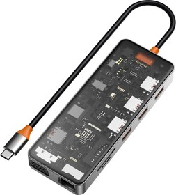 Resim CB011 Cyber 11 in 1 Type-C Hub 100W Şarj Destekli Şeffaf SD Kart-RJ45-Hdmi-VGA-Usb Çoğaltıcı 