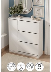 Resim Düşer Kapak Ayakkabılık 4 Kapaklı 6 Bölmeli Kayar Raflı Ayakkabılık Gizem Beyaz Beyaz 