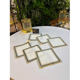 Resim Kokteyl Peçetesi,gold Siyah Ekose Desenli Nakışlı Kare Kahve Tepsisi Peçeteliği,6'lı Sunumluk Peçete 