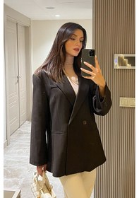 Resim Kadın Oversize Kruvaze Blazer Ceket Uzun Kollu, Şık Ve Günlük Klasik Ceket-lacivert - L Kahverengi 