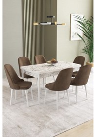 Resim Ikon Beyaz Mermer Desen 80x132 Mdf Açılabilir Yemek Masası Takımı 6 Adet Sandalye Kahverengi 