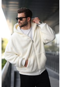Resim Madmext Ekru Peluş Over Fit Kapüşonlu Fermuarlı Erkek Sweatshirt 6049 Ekru 