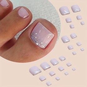 Resim 24 adet Kısa Pembe Basınçlı, Glitter Yapay Ayak Tırnak Uçları Yeniden Kullanılabilir Kadınların Parmak Tırnakları 