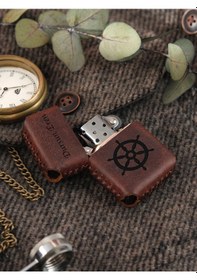 Resim Vagave Kahve Renk Hakiki Deri Kılıflı Zippo Benzinli Çakmak 