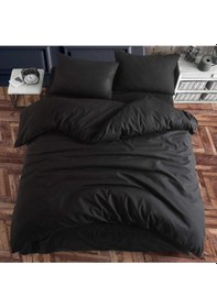 Resim Siyah Ranforce Lastik Çarşaflı Pamuklu Çift Kişilik Nevresim Takım Siyah 