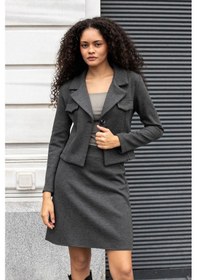 Resim Kadın Kalın Esnek Kumaş Yakalı Cep Kapaklı Uzun Kol Kısa Blazer Ceket-antrasit Antrasit 