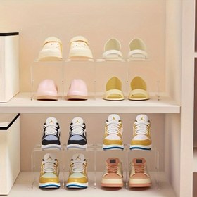 Resim 4 Bölümlü Şeffaf Akrilik Ayakkabı Rafı - 25 Ev Kullanımı İçin Çok Yönlü Depolama Organizatörü, Sneakerlar, Loaferlar ve Günlük Ayakkabılar İçin Kompakt Tasarım, Dolap Organizasyonu İçin İdeal, Ayakkabı Organizatörü Depolama 